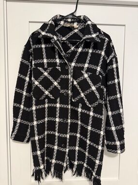Promesa Black & White Plaid Fringe Trench Coat